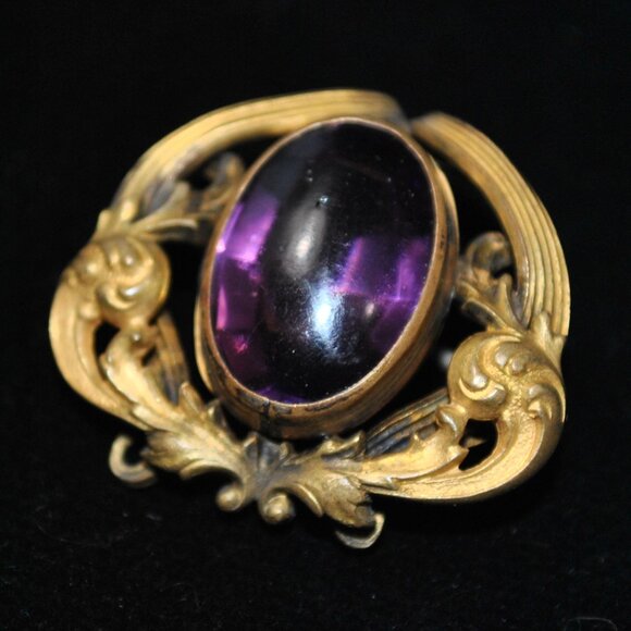 Antique Art Nouveau Gold-plated Brooch with Amethyst Glass and Watch Loop - Picture 2 of 8